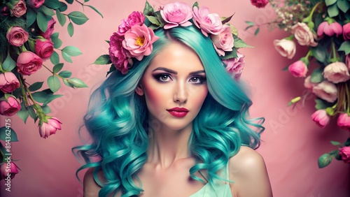 Woman s Teal Hair Shines Amidst Pink Background  Embellished with Floral Accents and Leafy Flourishes.