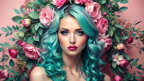 Beautiful Woman with Teal Hair Glows Against Pink Background Adorned with Flowers and Leaves.