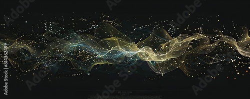 An elongated backdrop of soft gold and pale blue connections cascading horizontally across a black background photo
