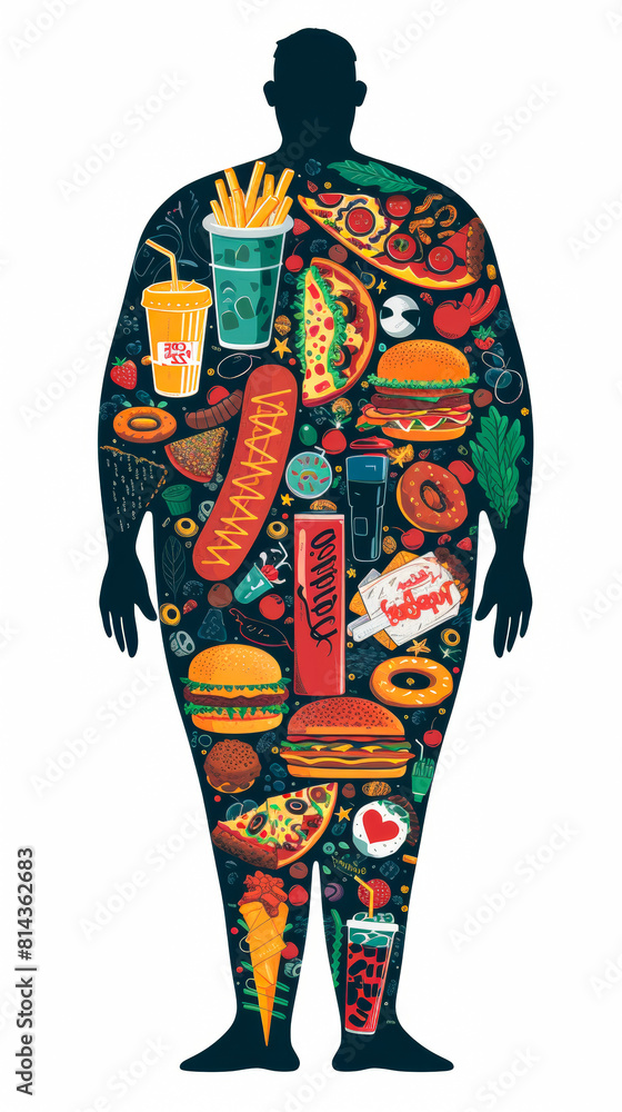 inside the silhouette of an overweight man there are Burgers,