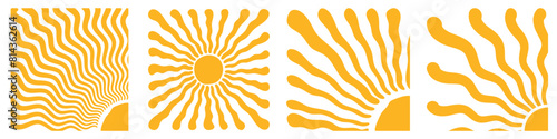 Groovy retro abstract sun backgrounds. Organic doodle shapes in trendy naive hippie 60s 70s style.  Square wavy vector illustration in yellow colors.Contemporary poster print banner template. eps 10
