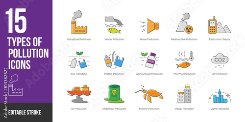 Types of pollution icon set in color style. Type of pollution icon set in colorful style symbol sign for apps and website and infographic vector illustration.
