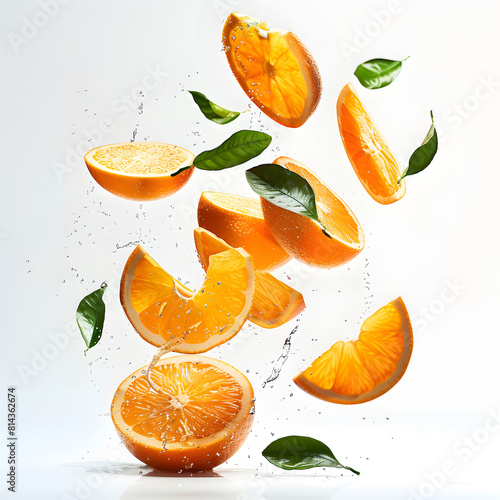 orange slices flying on the air over isolated background