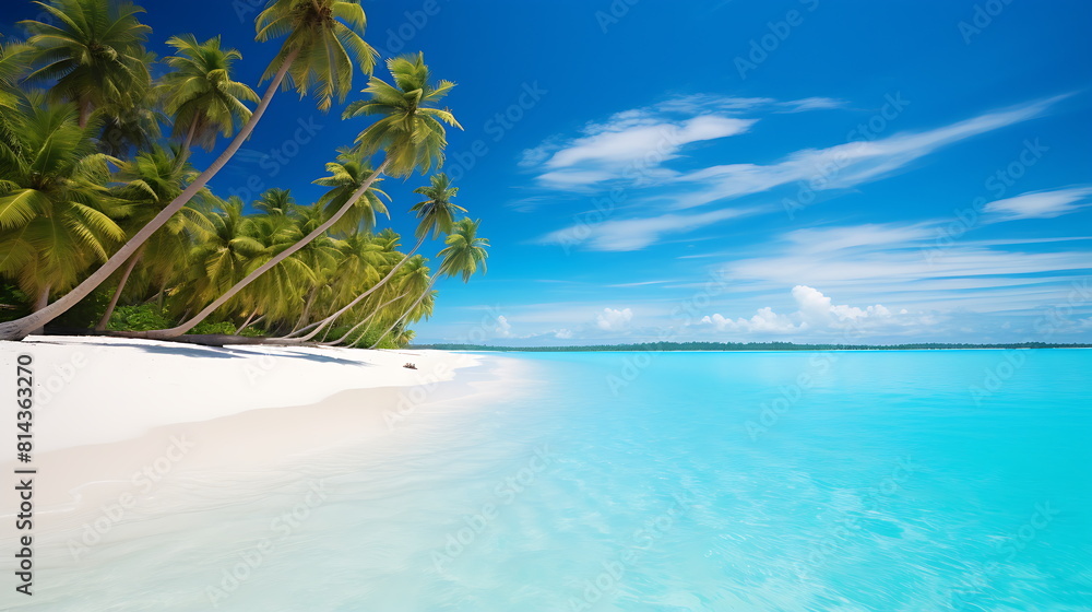 Fototapeta premium blue beach scene with palm trees, generative ai