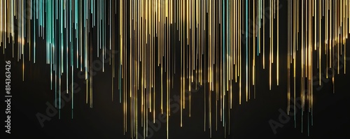 An elongated horizontal composition featuring bright gold and soft blue lines cascading across a black canvas
