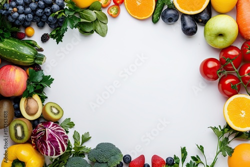 Healthy eating background of different fruits and vegetables on white backdrop. Healthy food background top view. High resolution product