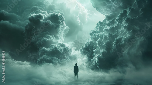 Person facing ominous storm clouds with lightning photo