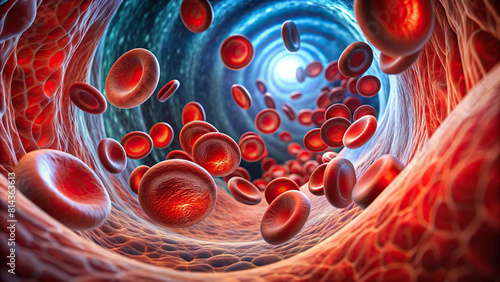 Blood cells flowing through veins in a medical illustration