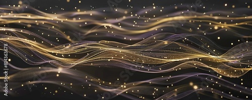 An elongated horizontal display featuring interconnected bright gold and soft lavender lines cascading across a black canvas