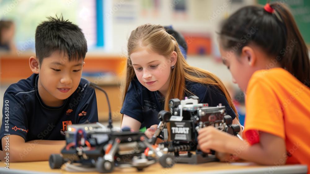Kids engaged in robot building at school Kids engaged in robot building at school