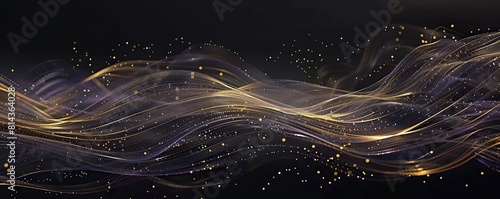 An elongated horizontal display featuring interconnected bright gold and soft lavender lines cascading across a black canvas photo