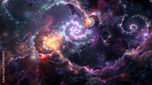 Space dusk nebula color gradient purple blue and pink cloud starry galaxy background illustration. 