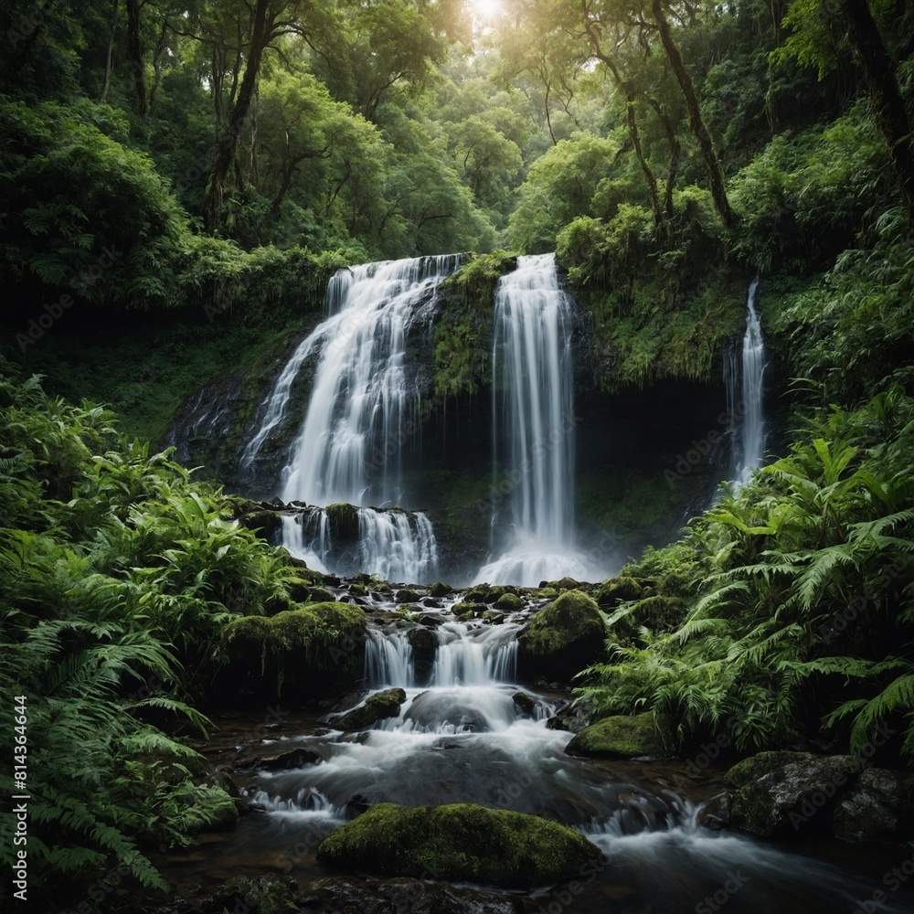 Fototapeta premium Embrace the spirit of National Camera Day with a breathtaking shot of a majestic waterfall surrounded by lush greenery.