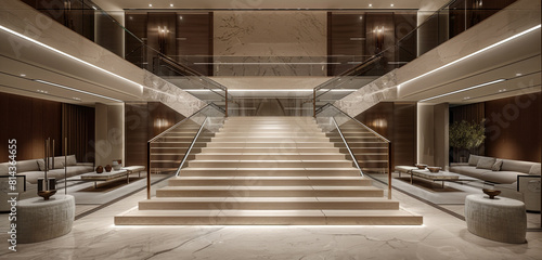 A contemporary entrance hall featuring a grand staircase with glass railings and marble steps, complemented by minimalist décor and plush seating areas