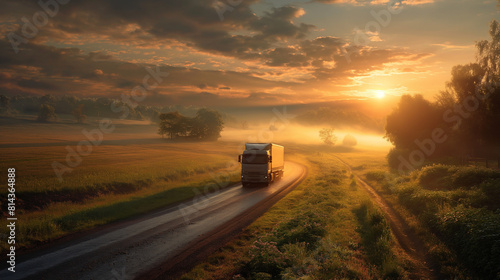 a truck drives along a small country road before a beautiful sunrise