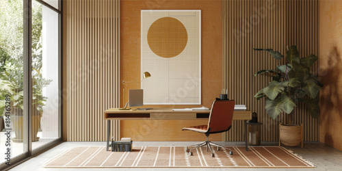 A modern stylish beige room with a workplace. Table, chair, lamp, computer.Light interior in minimal style with empty space for products presentation photo