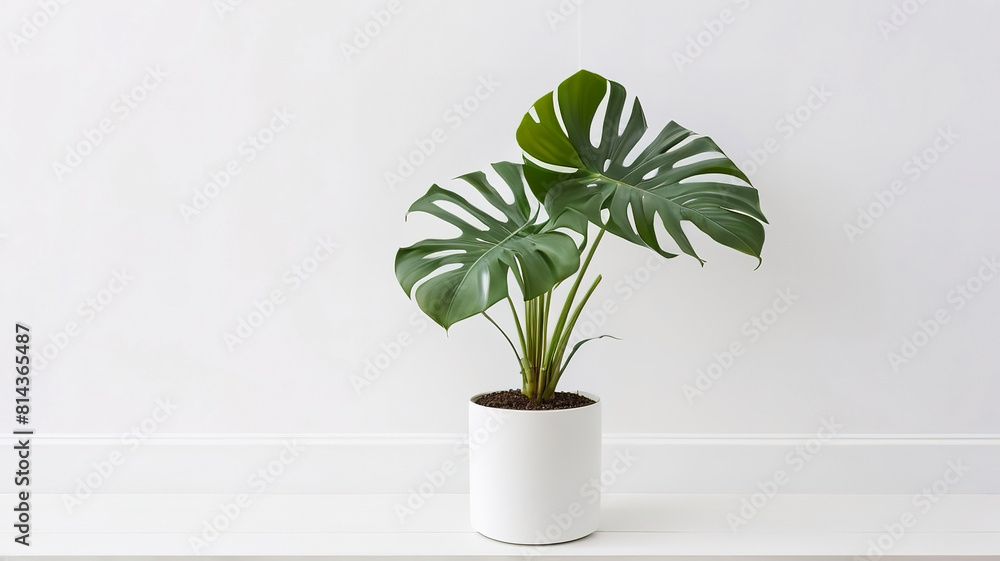Decorate the interior of the room with Monstered in white pots. Located on the left side against a white background. Decorate the interior of the room with Monstered in white pots. Located on the left side against a white background.