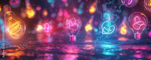 Creative group brainstorming  neon doodles floating in air  holographic effect  vibrant colors  digital illustration