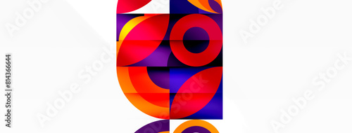 A vibrant art piece featuring a colorful geometric pattern of circles and squares on a white background, with electric blue, magenta, and glass elements creating a symmetrical and eyecatching design