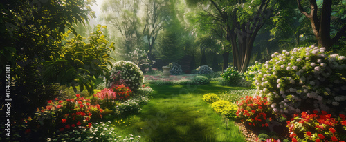 A garden with beautiful flowers and trees in the summertime  with exacting precision and landscapes with soft edges.