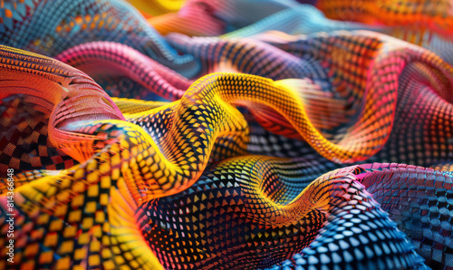 A close-up view of a multicolored textile, with elements of nanopunk, infinity nets, and a rubbery texture. photo