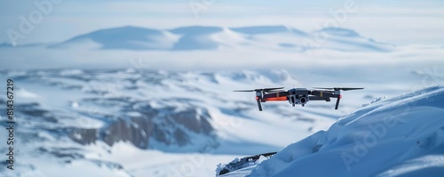 Drone equipped with thermal imaging flying over snowy landscapes, searching for heat signatures of rare animals