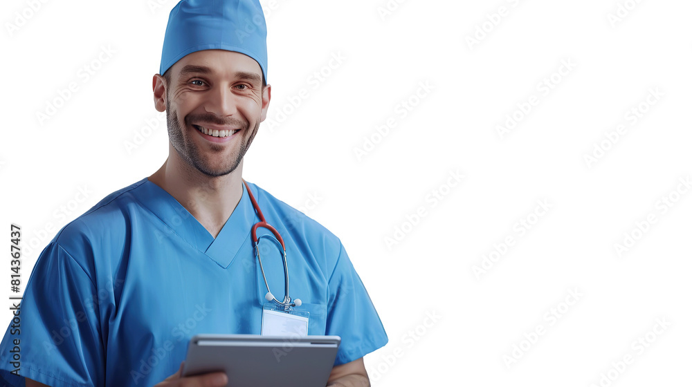 Cheerful handsome surgeon doctor man in blue uniform holding digital tablet computer, looking at camera, smiling. Transparent, isolated on white. Cheerful handsome surgeon doctor man in blue uniform holding digital tablet computer, looking at camera, smiling. Transparent, isolated on white.