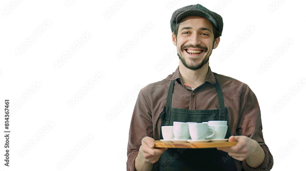 Cheerful male waiter carrying coffee cups on tray and smiling at camera. Transparent, isolated on white. Cheerful male waiter carrying coffee cups on tray and smiling at camera. Transparent, isolated on white.