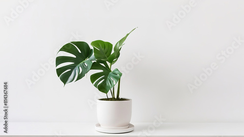 Decorate the interior of the room with Monstera flowers in white pots. Located on the left side against a white background.
