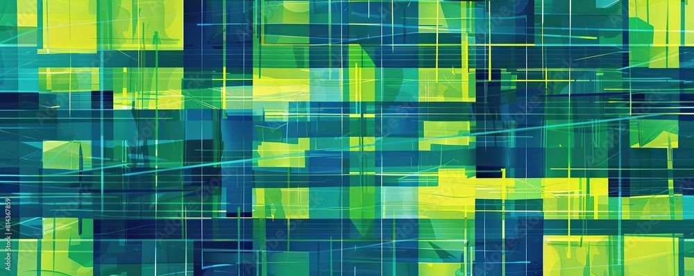An expansive horizontal layout of bright turquoise and lime green plexus patterns stretching over a navy background An expansive horizontal layout of bright turquoise and lime green plexus patterns stretching over a navy background