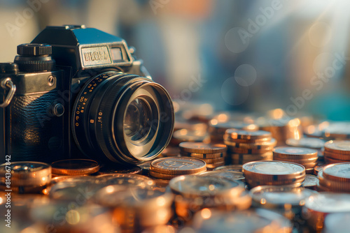 A vintage camera on a bed of coins highlights the intersection of photography and financial investment photo