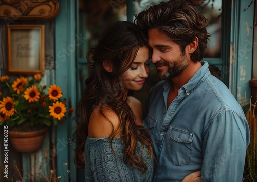 standing close together front blue door portrait haired dimples perfect woman denim man princess block long hair randy bishop photo