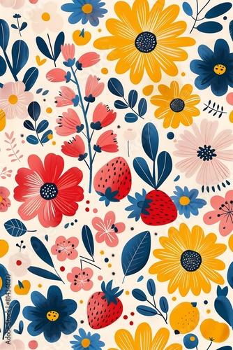 Wallpaper Mural closeup floral pattern lots flowers favorite cute illustration red blue color theme having fun vibrant princess spring coral Torontodigital.ca