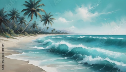 A beach scene with palm trees swaying in the breez upscaled_4 photo