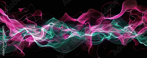 An expansive view of electric pink and turquoise lines weaving a dynamic plexus over a black background photo