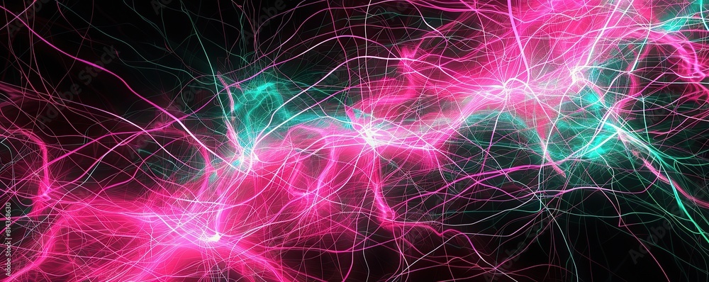Obraz premium An expansive view of electric pink and bright turquoise lines weaving a dynamic plexus over a black background