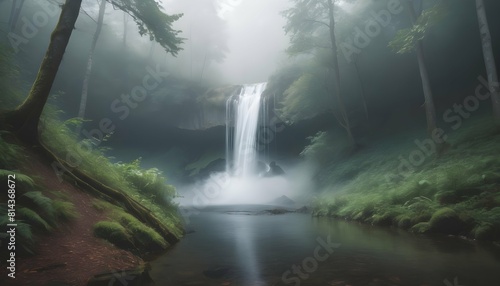 A misty forest with a hidden waterfall
