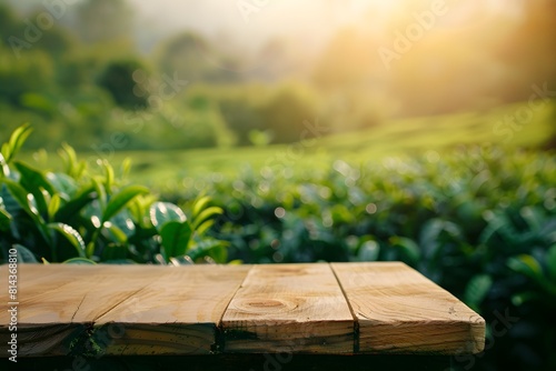 Fresh morning ambiance at tea plantation  empty wooden pedestal providing copy space for product display  with blurred background of tea leaves and sun rays