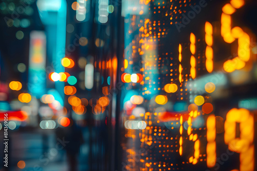 Glowing stock market numbers on digital displays with a blurred cityscape background, highlighting the fast-paced nature of finance