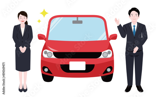 新車を販売営業する男性店員・女性受付スタッフのカーディーラーのイラスト素材