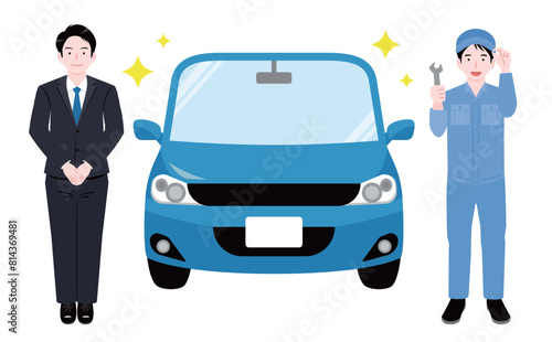 車の修理・点検・整備・メンテナンスをするディーラーの作業着を着た男性整備士と営業のスタッフ