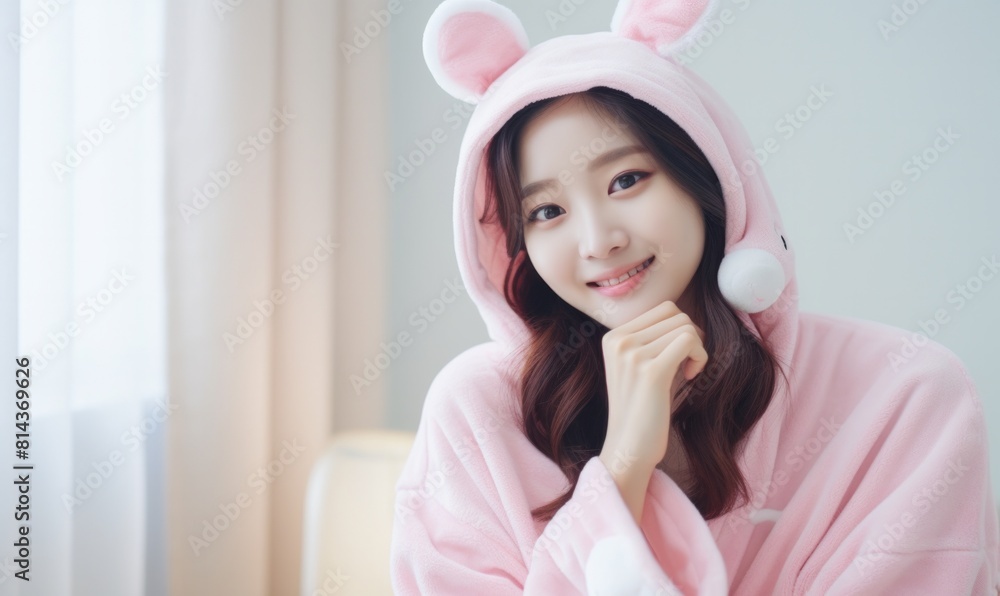 Charming portrait of a young Asian woman smiling in a bunny hoodie, radiating warmth and youthful exuberance in a cozy indoor setting Charming portrait of a young Asian woman smiling in a bunny hoodie, radiating warmth and youthful exuberance in a cozy indoor setting