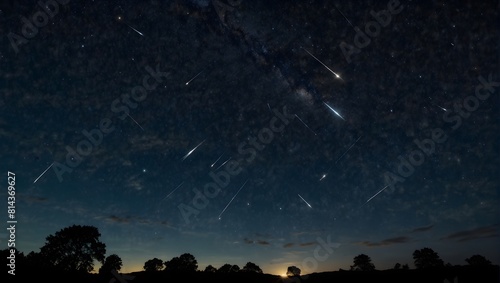 A mesmerizing array of falling stars, illuminating the sky with bright meteor trails. Glowing meteorites captured in isolation, forming a captivating set ai_generated photo