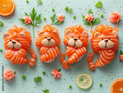 Playful and artistic lionshaped salmon sushi, shown in flat design top view, laid out on a soft background for a stylish presentation photo