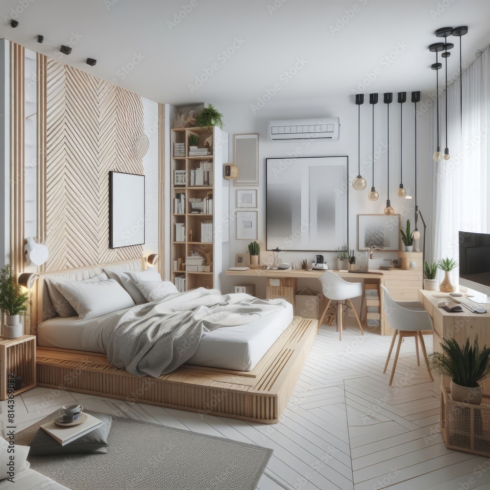 Fototapeta premium Bedroom sets have template mockup poster empty white with Bedroom interior and a desk and a tv art realistic photo photo used for printing.