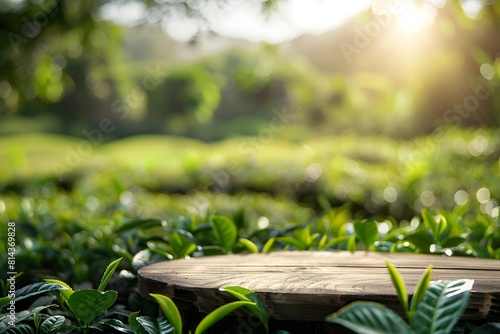 Fresh morning ambiance at tea plantation  empty wooden pedestal providing copy space for product display  with blurred background of tea leaves and sun rays