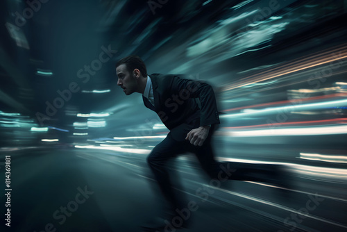 A businessman running urgently through a tunnel of light streaks, symbolizing the fast pace and pressures of the business world