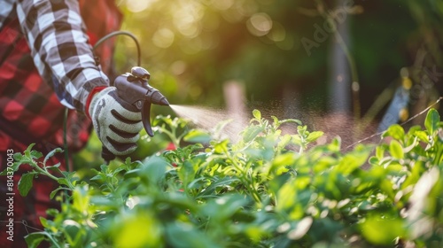 Farmer spraying vegetable green plants in the garden with herbicides, pesticides or insecticides.