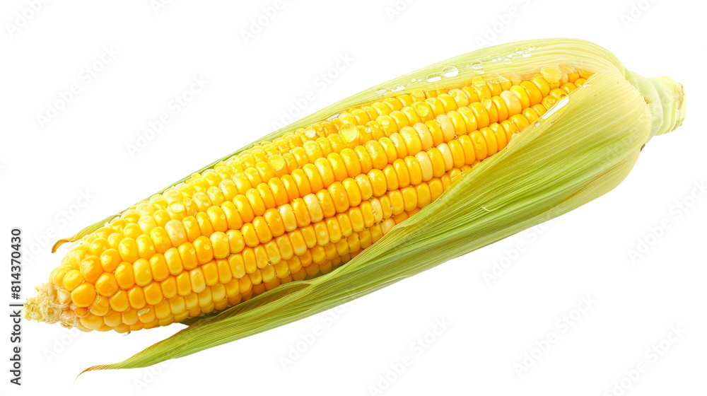 a single, vibrant of corn, its kernels plump and golden, glistening , Isolated on white background. a single, vibrant of corn, its kernels plump and golden, glistening , Isolated on white background.