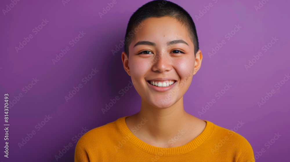 A woman with a shaved head is smiling, cancer patient with chemotherapy A woman with a shaved head is smiling, cancer patient with chemotherapy